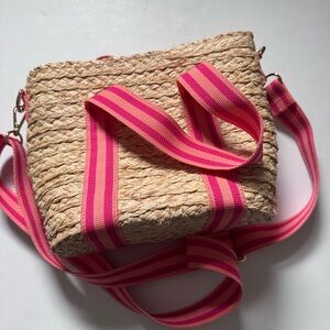 J.Crew Raffia Straw Mini Tote Cantaloupe Pink Stripe Crossbody Beach Bag